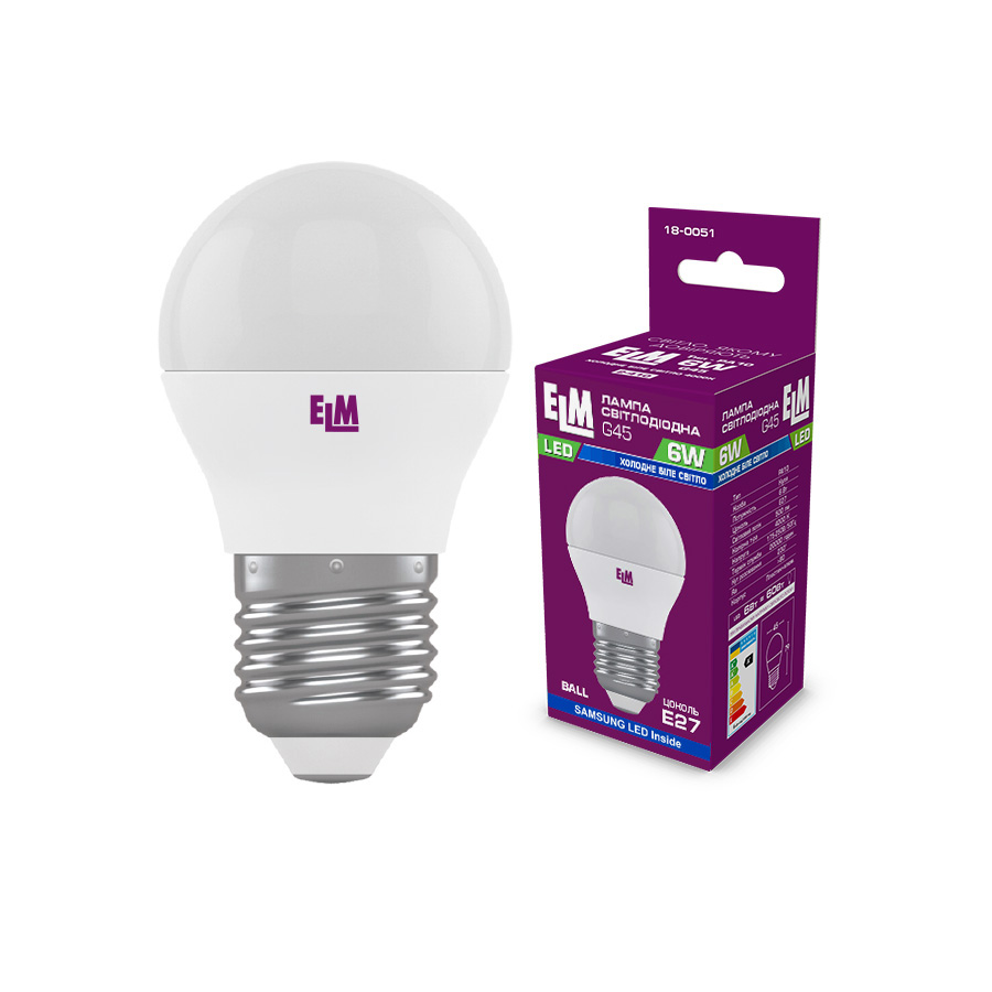 Лампа світлодіодна куля ELM D45 6W PA10S E27 4000K